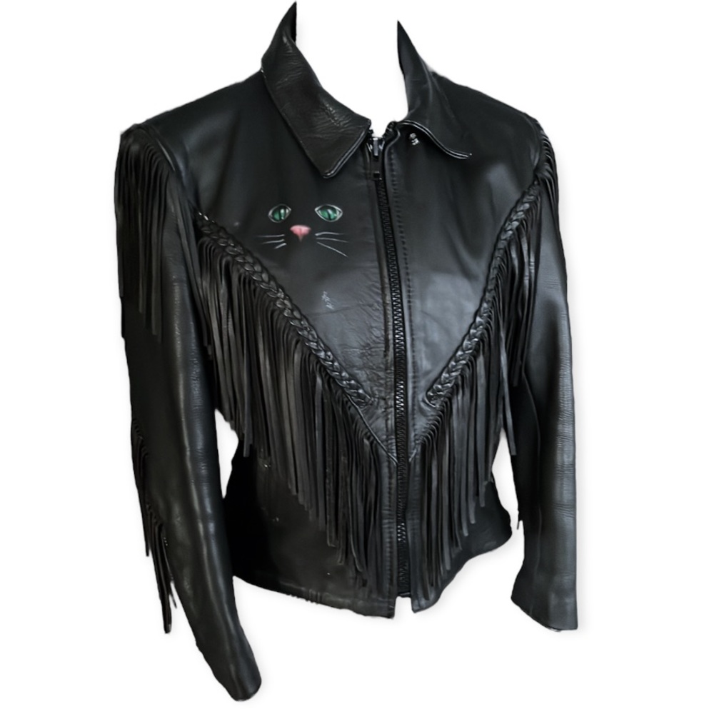 Leather Jacket w/ Hand Painted Cat Black Fringe Motorcycle Western Vintage Small